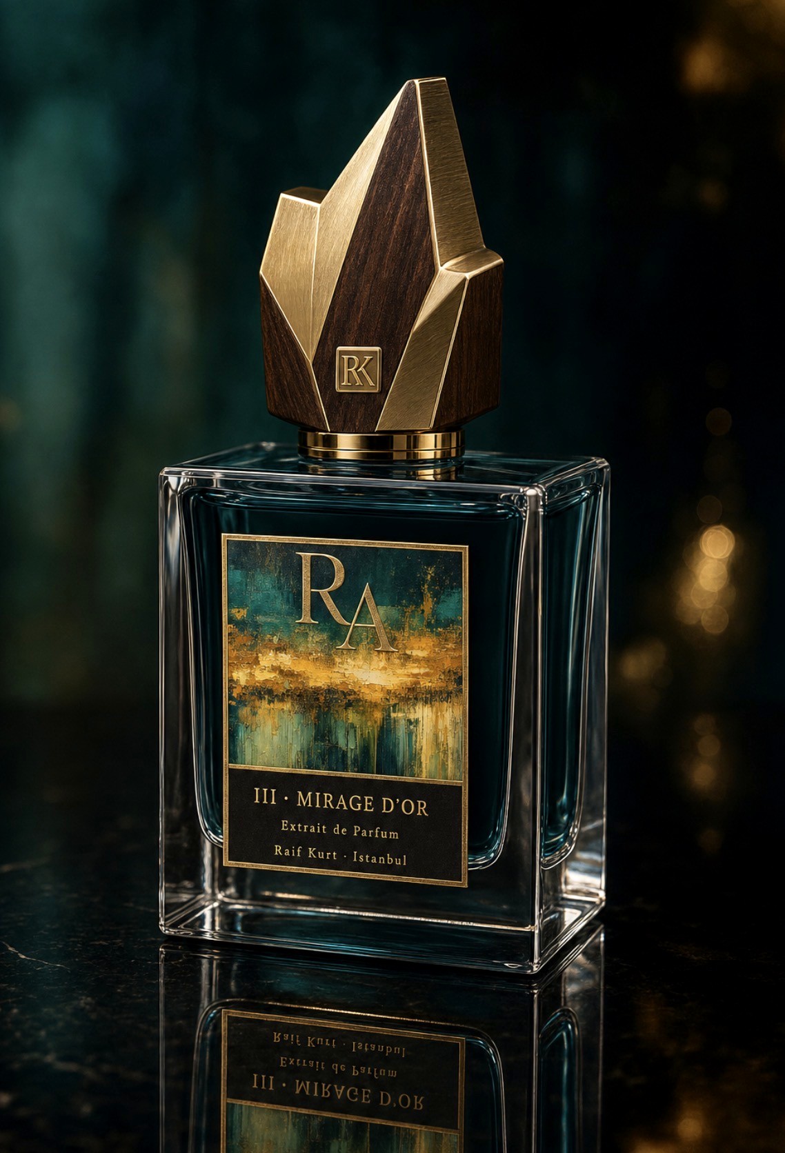 RAIF KURT Mirage d'Or — teal cam, ahşap-altın kapak, altın serap etiket, Extrait de Parfum