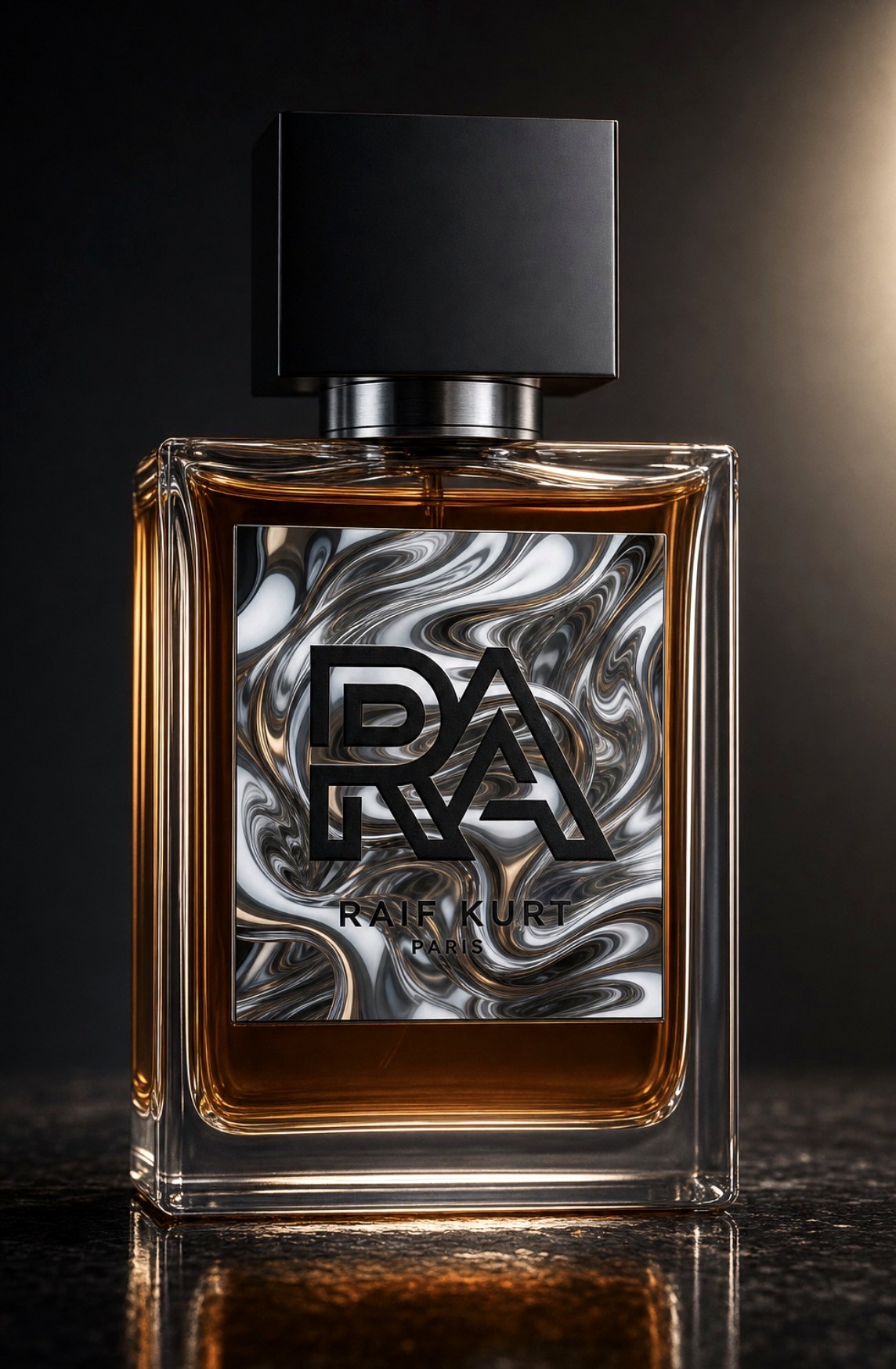 RAIF KURT Obsidian Oud — amber cam, siyah kapak, mermer swirl etiket